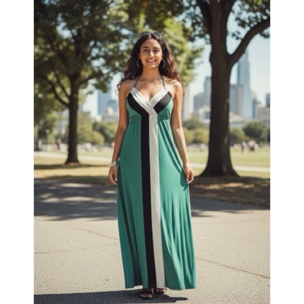 Vintage 90s L8ter Boho Halter Maxi Dress • Green Color Block Y2K Minimalist Pre